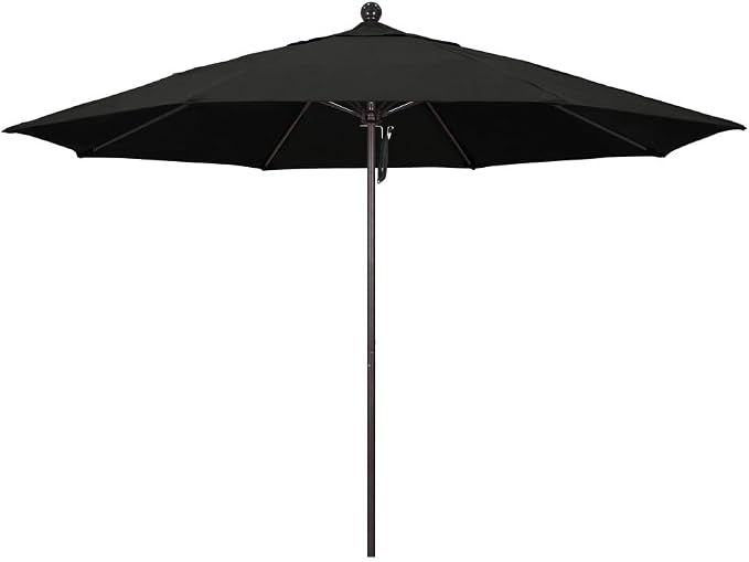 California Umbrella 11' Round Aluminum/Fiberglass Umbrella, Pulley Lift, Bronze Pole, Sunbrella Black Fabric