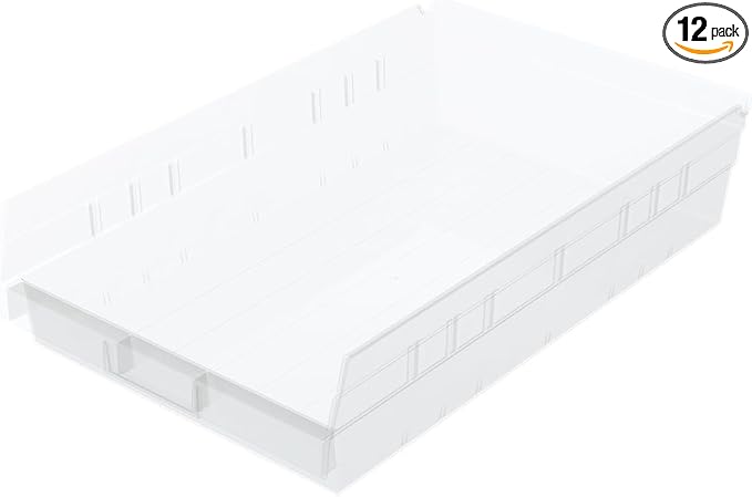 Akro-Mils 30178 Heavy Duty Plastic Shelf Bins, 18"x 11"x 4", Clear, 12-Pk | Heavy Duty Nesting Storage Bins for Garage, Closet, Refrigerator, Kitchen, Cabinet, Drawer Organization, Pantry Organization