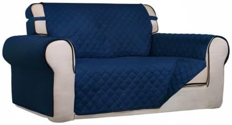 PureFit Reversible Quilted Sofa Cover, Water Resistant Medium Slipcover Furniture Protector, Washable Couch Cover with Non Slip Foam and Elastic Straps for Kids, Pets (Loveseat, Navy/Navy) | Navy/Navy, Water Resistant Couch Protector, Washable Pet Couc...