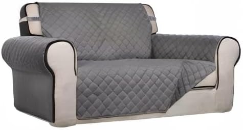 PureFit Reversible Quilted Sofa Cover, Water Resistant Medium Slipcover Furniture Protector, Washable Couch Cover with Non Slip Foam and Elastic Straps for Kids, Dogs, Pets (Loveseat, Gray/Gray) | Gray/Gray, Water Resistant Couch Protector, Washable Pe...