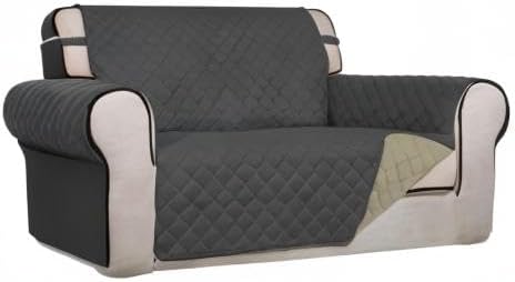 PureFit Reversible Quilted Couch Covers for Dogs Loveseat Sofa Cover 46.5” | Dark Gray/Beige, Water Resistant Couch Protector, Washable Pet Couch Cover with Non Slip and Elastic Straps For Kids