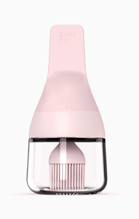 Zuutii Oil Dispenser with Silicone Brush for Cooking,Glass Oil Bottle with Heat Resistant Basting Brushes for Baking, Food Brush for Grilling, Butter, BBQ Sauce，Dishwasher Safe,4.4oz,Pink