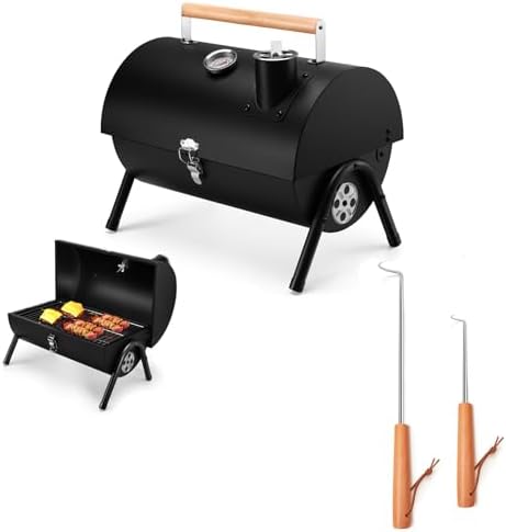 Joyfair Portable Charcoal Grill with Thermometer & Pigtail Food Flipper Set of 2, Small Tabletop Barbecue Grill for Outdoor Camping, Stainless Steel Meat Hook & Turner Grill Tools for Kitchen Frying