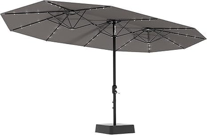 15FT Outdoor Patio Umbrella,Double-Sided Rectangle Market Umbrella with 36 LED Solar Lights & Base,UV50+ Weather-Resistant Oversized Outdoor Umbrella,Crank Lift,3-Way Shade for Pool,Garden,Backyard