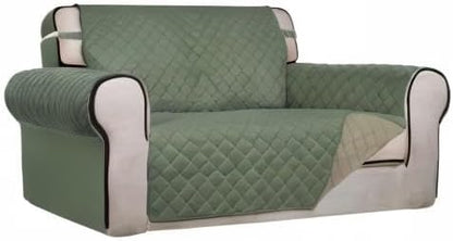 PureFit Reversible Quilted Couch Covers for Dogs Loveseat Sofa Cover 46.5” | Greyish Green/Beige, Water Resistant Couch Protector, Washable Pet Couch Cover with Non Slip and Elastic Straps For Kids