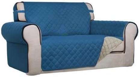 PureFit Reversible Quilted Sofa Cover, Water Resistant Medium Slipcover Furniture Protector, Washable Couch Cover with Non Slip Foam and Elastic Straps for Kids, Pets (Loveseat, Peacock Blue/Beige) | Peacock Blue/Beige, Water Resistant Couch Protector,...