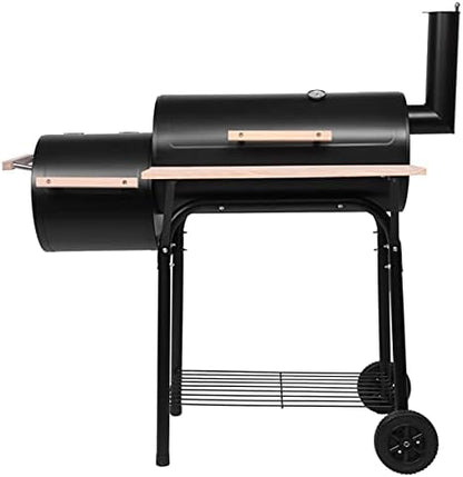 Barbecue Grill Cookers Grill Oil Drum Charcoal Furnace (500-600 Degrees) Charcoal Grill and Offset Smoker Portable Backyard Steel BBQ Oven with Wheels Outdoor Patio Barbecue Cooker with Side Fire Box for Camping Picnic Party