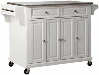 Crosley Furniture Full Size Stainless Steel Rolling Kitchen Island Storage Cart, Microwave Stand, Spice Rack, White