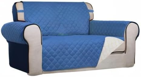 PureFit Reversible Quilted Sofa Cover, Water Resistant Medium Slipcover Furniture Protector, Washable Couch Cover with Non Slip Foam and Elastic Straps for Kids, Dogs, Pets (Loveseat, Blue/Ivory) | Blue/Ivory, Water Resistant Couch Protector, Washable ...