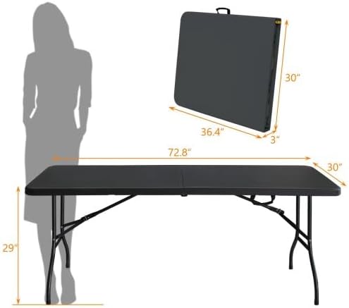 IDEALHOUSE 6 Ft Plastic Folding Table, Portable Fold-in-Half Table with Iron Legs, Carrying Handle, Outdoor Rectangular Fold Out Table for Dining, Picnic, Party, Camping, Barbecues, Black