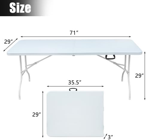 IDEALHOUSE 6 Ft Plastic Folding Table, Portable Fold-in-Half Table with Iron Legs, Carrying Handle, Outdoor Rectangular Fold Out Table for Dining, Picnic, Party, Camping, Barbecues, White