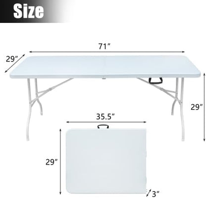 IDEALHOUSE 6 Ft Plastic Folding Table, Portable Fold-in-Half Table with Iron Legs, Carrying Handle, Outdoor Rectangular Fold Out Table for Dining, Picnic, Party, Camping, Barbecues, White