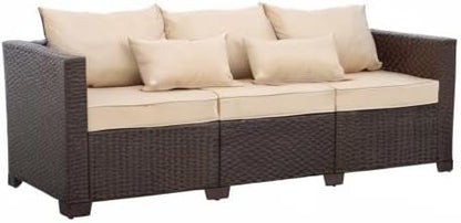 Rattan Star Outdoor Furniture Couch 3 Seater Sofa Outdoor Brown Wicker Sofa Deep Seat High Backrest Patio Couch with Non-Slip Cushions Waterproof Cover, Khaki