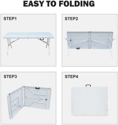 IDEALHOUSE 6 Ft Plastic Folding Table, Portable Fold-in-Half Table with Iron Legs, Carrying Handle, Outdoor Rectangular Fold Out Table for Dining, Picnic, Party, Camping, Barbecues, White