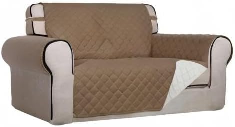 PureFit Reversible Quilted Sofa Cover, Water Resistant Medium Slipcover Furniture Protector, Washable Couch Cover with Non Slip Foam and Elastic Straps for Kids, Dogs, Pets (Loveseat, Camel/Ivory) | Camel/Ivory, Water Resistant Couch Protector, Washabl...