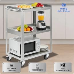Hally Stainless Steel Utility Cart 3 Tier NSF Rolling Carts 24" Lx16 Wx34 H | Commercial Heavy Duty Metal Mobile Food Cart, with Handle and Wheels, for Kitchen, Restaurant, Hospital, Laboratory and Home