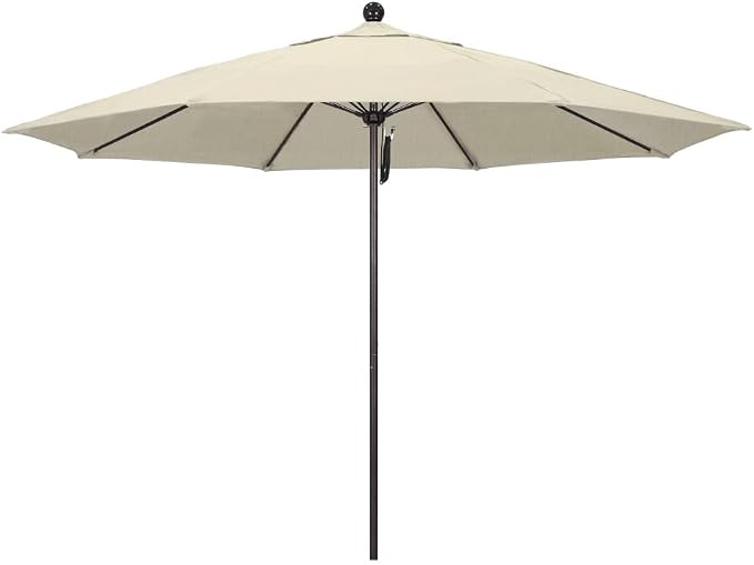 California Umbrella 11' Round Aluminum/Fiberglass Umbrella, Pulley Lift, Bronze Pole, Sunbrella Antique Beige