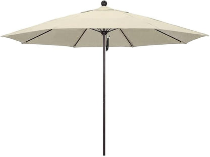 California Umbrella 11' Round Aluminum/Fiberglass Umbrella, Pulley Lift, Bronze Pole, Sunbrella Antique Beige