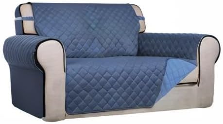 PureFit Reversible Quilted Couch Covers for Dogs Loveseat Sofa Cover 46.5” | Dark Blue/Light Blue, Water Resistant Couch Protector, Washable Pet Couch Cover with Non Slip and Elastic Straps For Kids