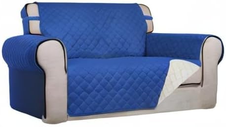 PureFit Reversible Quilted Couch Covers for Dogs Loveseat Sofa Cover 46.5” | Classic Blue/Ivory, Water Resistant Couch Protector, Washable Pet Couch Cover with Non Slip and Elastic Straps For Kids