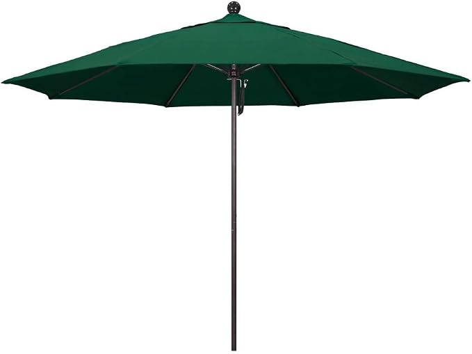 California Umbrella 11' Round Aluminum/Fiberglass Umbrella, Pulley Lift, Bronze Pole, Sunbrella Forest Green