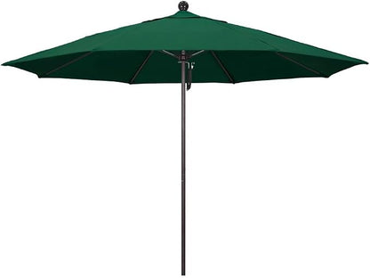 California Umbrella 11' Round Aluminum/Fiberglass Umbrella, Pulley Lift, Bronze Pole, Sunbrella Forest Green