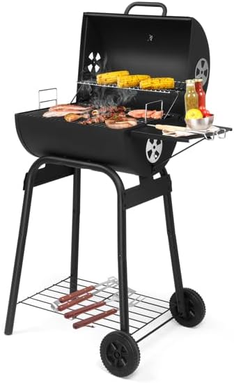 Charcoal Grills Outdoor BBQ Grill, Barrel Charcoal Grill with Side Table and Wheels, for Outdoor Backyard Camping Picnics Patio and Parties