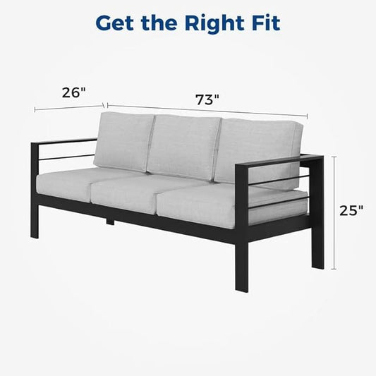 Kiss the Water Outdoor Couch Aluminum Patio Furniture Sofa, 3 Seat All-Weather Metal Patio Couch with 5" Thick and Soft Cushion and Wide Arm, Outdoor Sofa for Balcony, Porch