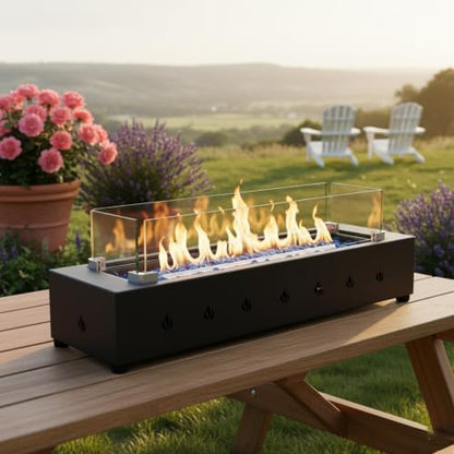 28-Inch Outdoor Propane Fire Pit Tabletop, 40,000 BTU Gas Fire Bowl with Tempered Glass Wind Guard, Durable Iron Patio Firepit with Glass Rocks for Backyard Garden Deck Camping