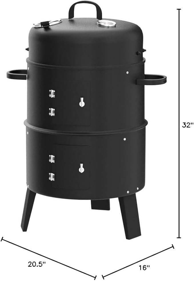 Giantex 3-in-1 Outdoor Smoker Grill, Portable Charcoal BBQ Grill, Built-in Thermometer and Air Vent, 6 Hooks, 2 Layers Vertical Steel Charcoal Smoker for Outdoor Cooking Camping
