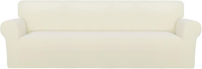 PureFit Stretch Couch Covers for Sofa 4 Seater Slipcovers Ivory | 1-Piece Sofa Cover Washable Soft Couch protector, Couch Slipcover with Non Skid Foam and Elastic Bottom for Kids, Dogs