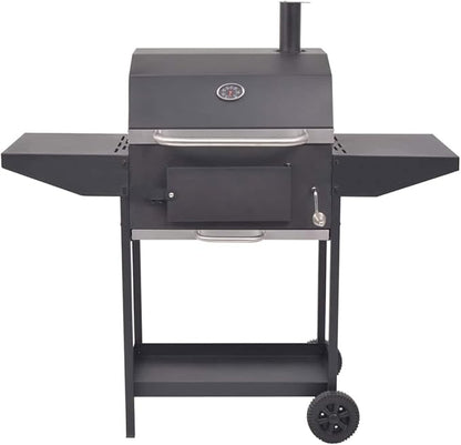 Heavy Duty Outdoor Charcoal Smoker with 1 Cooking Chamber, Firebox, Thermometer, Side Tables, Bottom Shelf, and 2 Wheels, Black