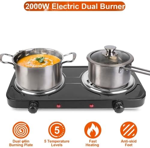 2000W Electric Double Burner, Portable Coil Heating Hot Plate Stove, Countertop Cooker with 5 Temperature Adjustments & Non Slip Rubber Feet for RV Kitchen (black)