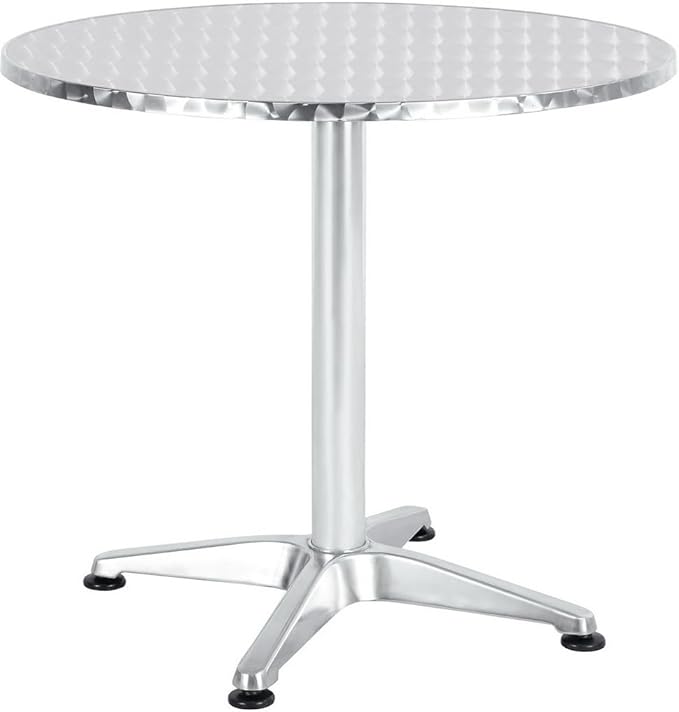 Gray Indoor Outdoor 23.75" Restaurant Stainless Steel Silver Aluminum + 2 Metal Slat Stack Commercial Lightweight, 2 Chairs with a Round Table