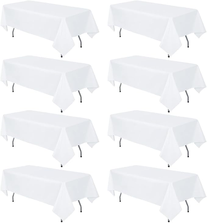 8 Pack White Rectangle Table Cloth 60 x 126 Inch For 8 Foot Tables | Wrinkle Resistant Tablecloth, Washable Polyester Fabric, Rectangular Tablecloth for Wedding Party Banquet Buffet