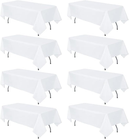 8 Pack White Rectangle Table Cloth 60 x 84 Inch For 4 Foot Tables | Wrinkle Resistant Tablecloth, Washable Polyester Fabric, Rectangular Tablecloth for Wedding Party Banquet Buffet