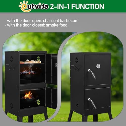 Portable Charcoal Grill - Heavy-Duty Outdoor BBQ Smoker with Thermometer & Doors, Perfect for Camping, Beach, Garden, Patio & Backyard, Black, 40.5x39x101.5cm