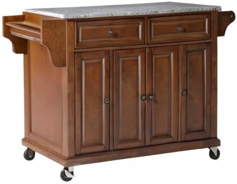 Crosley Furniture Full Size Granite Top Rolling Kitchen Island Storage Cart, Microwave Stand, Spice Rack, Cherry
