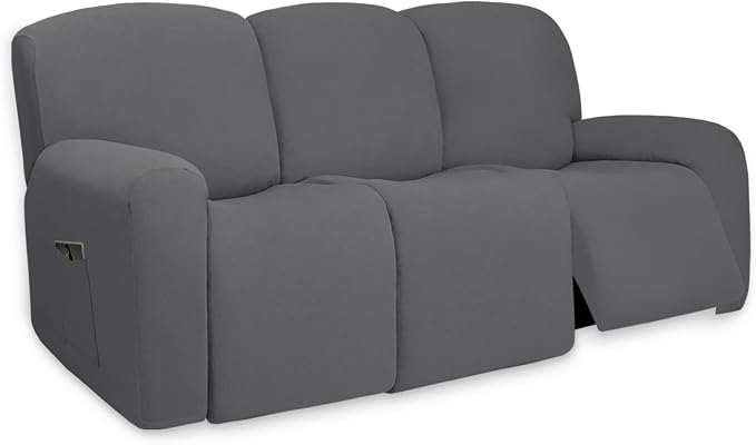 PureFit Super Stretch 3 Seats Recliner Sofa Couch Cover with Pocket | Non Slip Soft Sofa Slipcover, Washable Spandex Reclining Furniture Protector for Kids, Pets (Recliner Sofa, Gray)