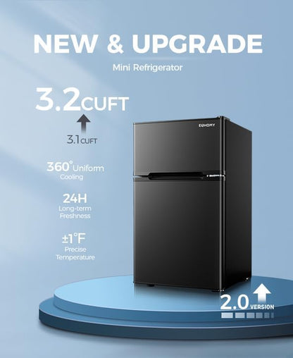 EUHOMY Mini Fridge with Freezer, 3.2 Cu.Ft Mini Refrigerator, Dorm Fridge with 2 Door For Bedroom/Apartment/Office-Food Storage Cooling Drink, New Black