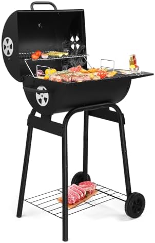 Portable Charcoal Grill 40" - Heavy-Duty Outdoor BBQ with Thermometer & Dual Doors, Perfect for Camping, Beach, Garden, Patio & Backyard (Black) 86x52x103cm