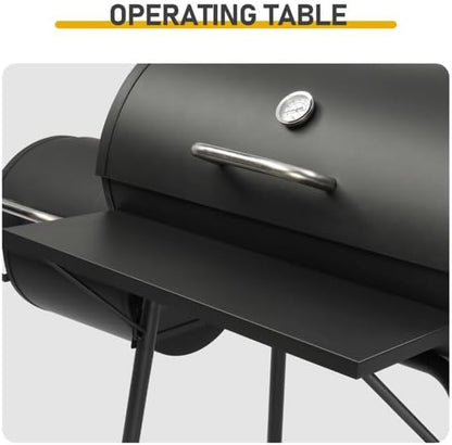 Black Charcoal Grill With Side Table, Mobile BBQ Grill With Wheels, Outdoor Charcoal Barbecue Grill with Wheels for Garden, Camping,Outdoor Grilling Station, Barbecue With Side Table (51INCH)