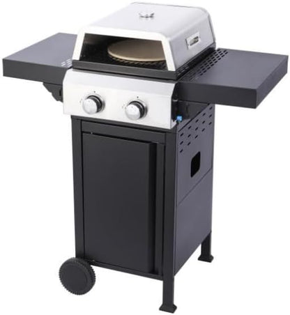 2-Burner Propane Gas BBQ Grill, Pizza Box, 24600BTU Output With Wire Enamel Cooking Grids For Outdoor Barbecue, Foldable Side Table, Hanging Basket, Stainless Steel