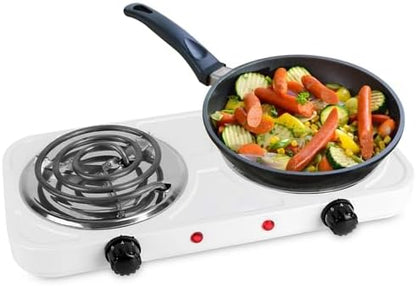 2000W Electric Double Burner, Portable Coil Heating Hot Plate Stove, Countertop Cooker with 5 Temperature Adjustments & Non Slip Rubber Feet for RV Kitchen (white)