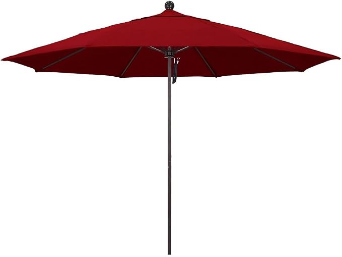 California Umbrella 11' Round Aluminum/Fiberglass Umbrella, Pulley Lift, Bronze Pole, Sunbrella Jockey Red