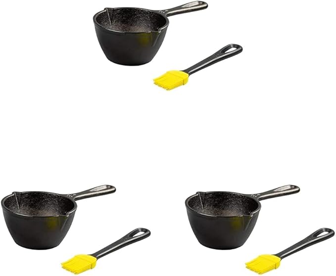 Lodge 15.2 Ounce Cast Iron Melting Pot + Silicone Basting Brush - Unparalleled Heat Retention - Heat Resistant Basting Brush up to 450° - Black and Yellow,(Pack of 3)