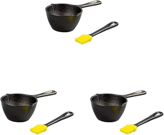 Lodge 15.2 Ounce Cast Iron Melting Pot + Silicone Basting Brush - Unparalleled Heat Retention - Heat Resistant Basting Brush up to 450° - Black and Yellow,(Pack of 3)