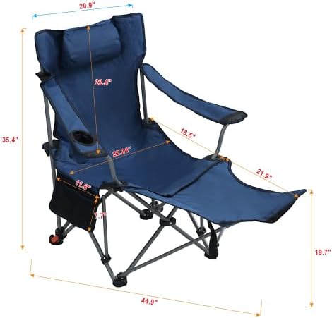 Adjustable Folding Beach Chair, Portable Camping Chair for Adults with Backrest, Reclining Outdoor Chair with Cup Holder & Pocket, Foldable Low Beach Chair for Camping, Picnic, Navy Blue