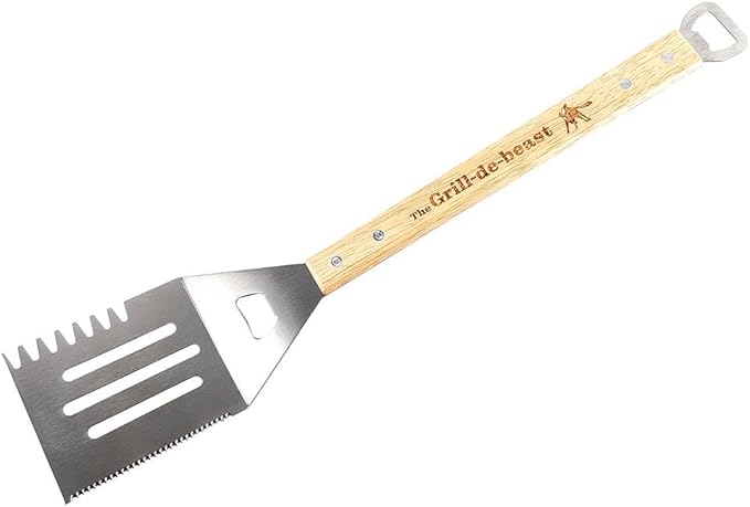 Grill-de-Beast 6-in-1 Stainless Steel Spatula with Engraved Wood Handle – Ultimate Grilling Tool for Burgers, Steaks, Veggies & More!