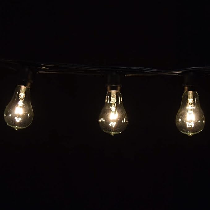 Commercial Vintage Edison String Lights (PS50 Clear - Black Wire, 50 Foot) | PS50 Clear 7 Watt Bulbs, 50 Foot 40 Socket, Commercial Grade Outdoor Lights